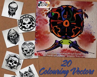 Abstract Tribal Skulls: 20 Vector Silhouettes, Coloring Pages, POD Elements for DIY Crafts and Home Decor - Instant Digital Download.