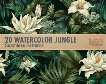 Watercolor Tropical Jungle Digital Paper, Exotic Greenery Seamless Patterns, Leaves and Flowers Scrapbook Paper, Floral Printable Background