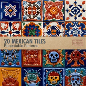 May include: Twenty colourful Mexican tile designs with repeating patterns. The tiles feature a variety of geometric shapes, flowers, and skulls. The tiles are 12 inches by 12 inches and are 3600 pixels by 3600 pixels.