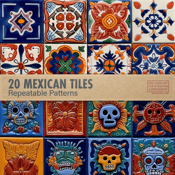 Papel digital de azulejos mexicanos vibrantes, patrones repetibles de Talavera, texturas étnicas para manualidades, decoración del hogar, imprimibles y proyectos de bricolaje