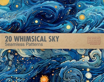 Whimsical Sky Digital Paper, Magical Skies Seamless Patterns for Scrapbooking and Crafts, Van Gogh Inspired Painted Starry Night Backgrounds