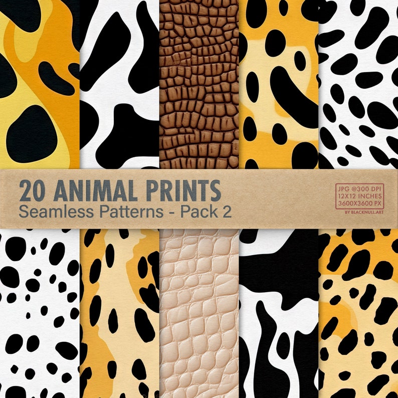 20 Animal Skin Seamless Patterns Pack, Safari Animals Digital Paper Textures, Tiger, Panther, Giraffe, Zebra, Leopard