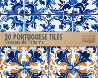 Portuguese Tiles Digital Papers, Mediterranean Vibes, Watercolor Azulejos Seamless Patterns for Scrapbooking, Card Making, and Printables