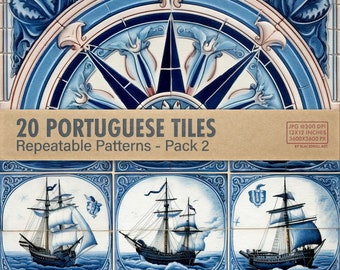 Portuguese Tiles Digital Papers #2, Mediterranean Vibes, Watercolor Azulejos Seamless Patterns for Scrapbooking, Card Making, and Printables