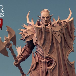 May include: A detailed miniature figurine of a fantasy warrior, sculpted in a light brown color. The warrior is wearing armor with intricate details and holding a large axe and shield. The figurine is standing on a circular base.