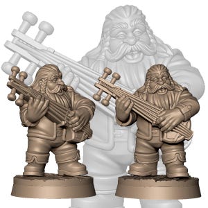 Pode incluir: Duas figuras em miniatura marrons de um anão tocando um instrumento de cordas. O anão tem uma longa barba e usa uma jaqueta e botas. Uma imagem desbotada do anão está no fundo.