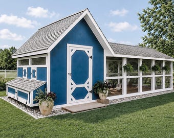 May include: A blue chicken coop with white trim, a gray shingled roof, and a large attached wire mesh run. The structure features a central door, nesting boxes on the side, and potted plants placed near the entrance and along the exterior wall.