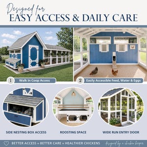 May include: A blue and white wooden chicken coop featuring a walk-in design, side nesting boxes, interior roosting space, and a wide run entry door. The text reads: Designed for EASY ACCESS & DAILY CARE, Walk In Coop Access, and Better Care.