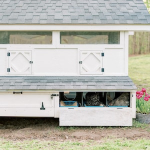 May include: A white wooden chicken coop with a dark gray shingled roof. The structure features two square doors with diamond-shaped trim and a lower nesting box area with three open compartments containing blue plastic bins and two chickens.