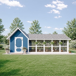 May include: A blue chicken coop with a white-trimmed door and a large attached wire mesh run. The structure features a gray shingled roof, white framing, and several hanging green plants along the top of the enclosure, housing multiple chickens.