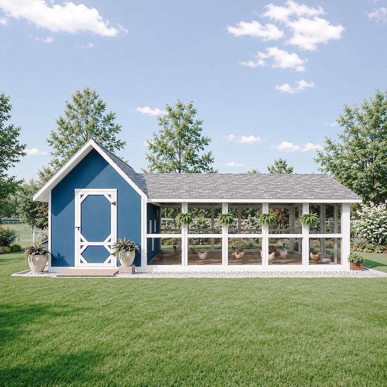 May include: A blue chicken coop with a white-trimmed door and a large attached wire mesh run. The structure features a gray shingled roof, white framing, and several hanging green plants along the top of the enclosure, housing multiple chickens.