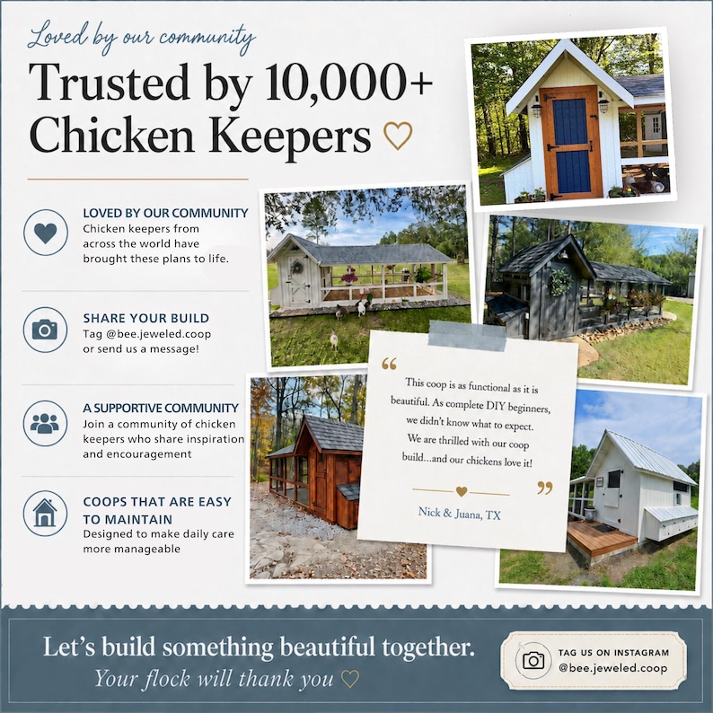 May include: A collection of DIY chicken coop designs featuring various architectural styles, including white, dark gray, and natural wood finishes. The image includes text testimonials and instructions for sharing builds with the community on Instagram.