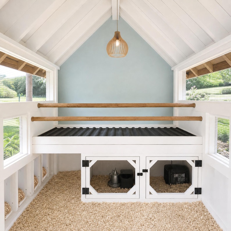 May include: A white wooden chicken coop featuring a light blue back wall, a black corrugated roof, and two horizontal wooden roosting bars. The structure includes two lower enclosed compartments with white frames and wire mesh side windows.