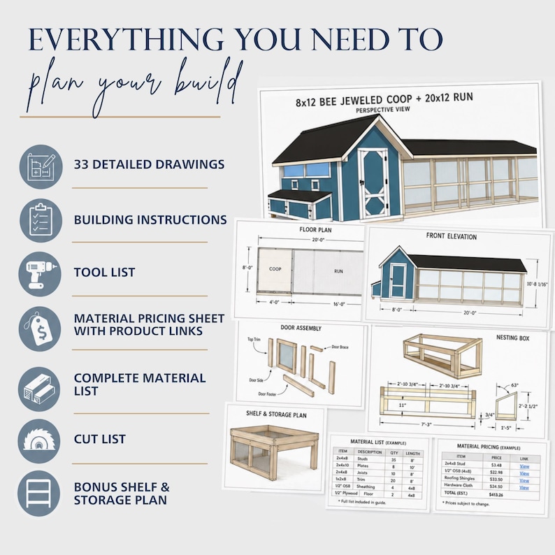 May include: A digital guide for an 8x12 bee jeweled coop and 20x12 run, featuring 33 detailed drawings, building instructions, a tool list, material pricing sheet, complete material list, cut list, and a bonus shelf and storage plan.