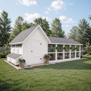 May include: A white wooden chicken coop with a gray shingled roof, featuring a central door, a side nesting box with a hinged lid, and an attached wire mesh run. Potted plants are placed near the entrance and along the exterior of the run.