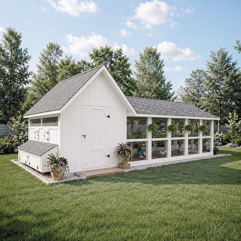 May include: A white wooden chicken coop with a gray shingled roof, featuring a central door, a side nesting box with a hinged lid, and an attached wire mesh run. Potted plants are placed near the entrance and along the exterior of the run.
