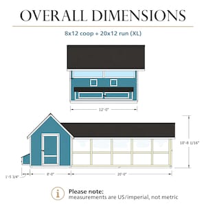 May include: A technical diagram of a blue chicken coop and run with a black roof. Text reads OVERALL DIMENSIONS, 8x12 coop + 20x12 run (XL), and Please note: measurements are US/imperial, not metric. Dimensions include 8'-0", 20'-0", 12'-0", and 10'-8 1/16".