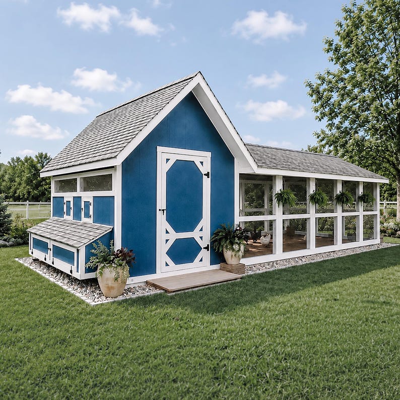 May include: A blue chicken coop with white trim, a gray shingled roof, and a large screened-in run area. The structure features a central door, nesting boxes on the side, and potted plants placed near the entrance and along the exterior walls.
