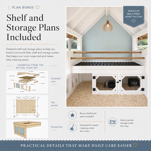 May include: A digital instructional guide for building a chicken coop shelf and storage system. It features text, diagrams, and a photograph of a white wooden structure with two lower compartments, a black corrugated top, and two horizontal wooden roosting bars.