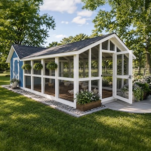 May include: A large blue and white chicken coop with a gabled roof, featuring a screened-in enclosure with multiple white-framed windows, a hinged door, and a wooden planter box at the front. Several chickens are visible inside the structure.