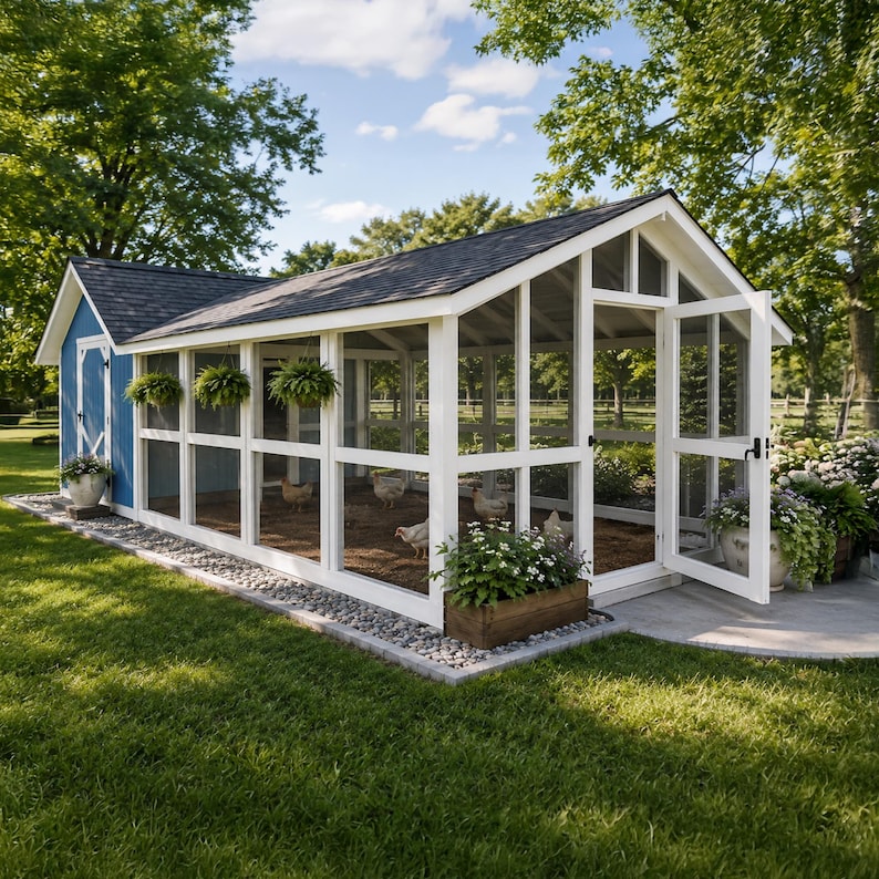 May include: A large blue and white chicken coop with a gabled roof, featuring a screened-in enclosure with multiple white-framed windows, a hinged door, and a wooden planter box at the front. Several chickens are visible inside the structure.