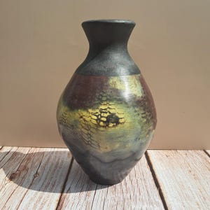 Hand-Coiled Pit-Fired Ceramic Vase with Yellow-Stained Terra Sigillata