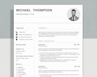 Professional Resume Template with Photo | CV Template | Resume Template Canva | Cover Letter and References Template | Instant Download
