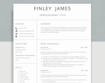 May include: A black and white resume template with the name Finley James at the top. The resume includes sections for contact information, summary, education, work experience, and skills.