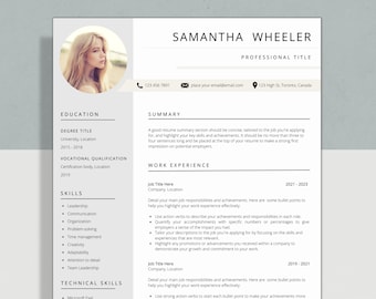 May include: A resume template with a professional headshot, contact information, education, skills, and work experience sections. The template is designed to help job seekers create a visually appealing and informative resume.