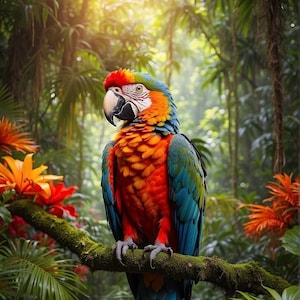 Könnte beinhalten: Ein leuchtend blauer, orangefarbener und gelber Ara-Papagei sitzt auf einem Ast in einer üppigen tropischen Regenwaldkulisse. Der Papagei ist umgeben von leuchtend grünem Laub und bunten Blumen.