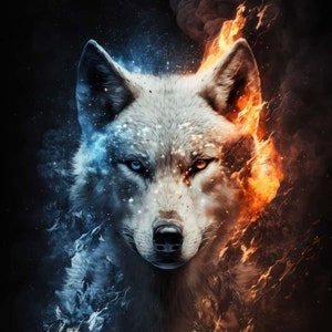 Könnte beinhalten: Ein weißer Wolf mit blauen und orangefarbenen Flammen dahinter. Die Augen des Wolfes haben unterschiedliche Farben, ein blaues und ein oranges.