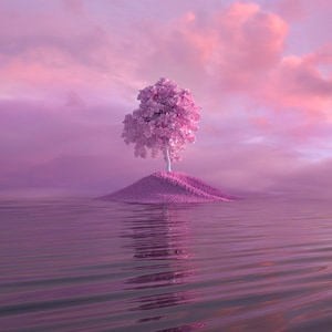 Op de afbeelding: Een enkele roze boom staat op een klein eiland in een roze meer. De lucht is zacht roze met pluizige wolken.
