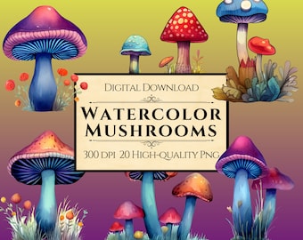 Grillige aquarel paddestoel clipart-set van 20 unieke bos schimmels PNG-bestanden, direct downloaden voor commercieel gebruik