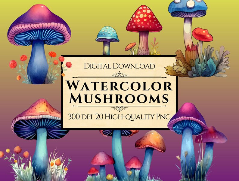 Whimsical Watercolor Mushroom Clipart Set of 20 Unique Forest Fungi PNG