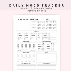 7 Versions Daily Mood Tracker, Pintable Pdf A4,A5 Size Daily Tracker, Mood Journal, Mental Health Planner Mood Trackers