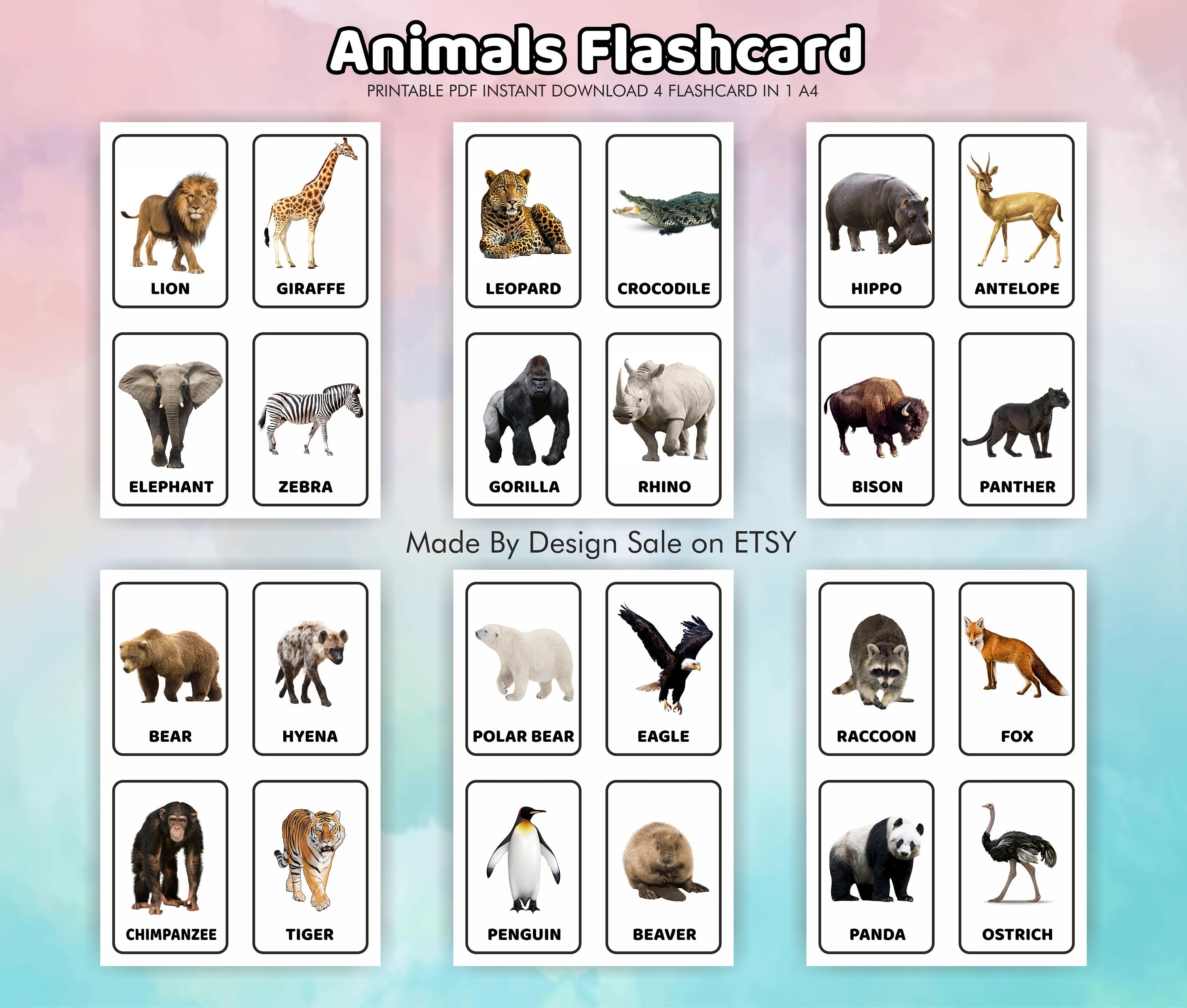 Animals Printable Flashcards, Printable Cards Preschool, Animals Cards, Educational Flashcards ...