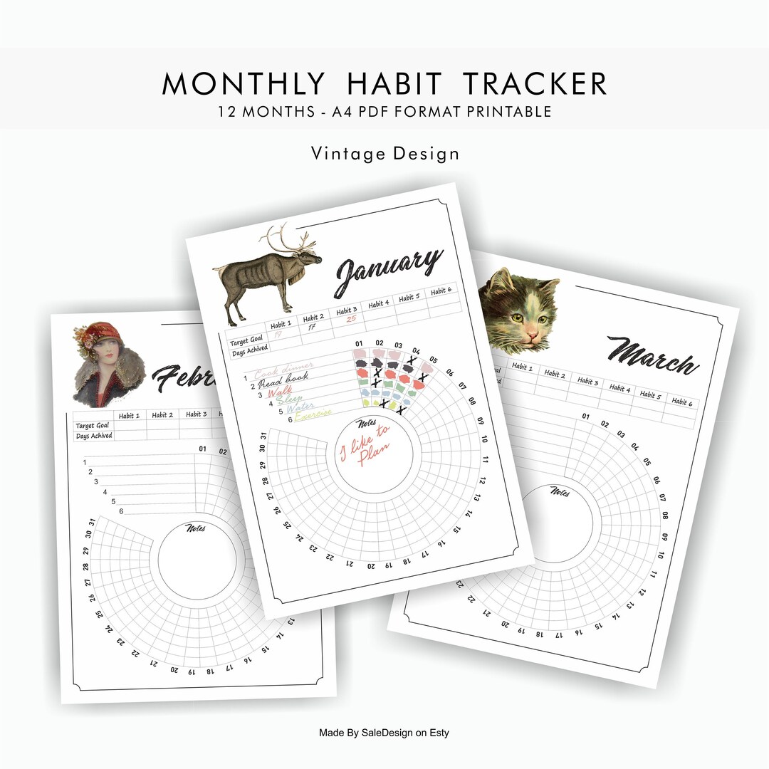 Vintage Circle Monthly Habit Tracker 12 Month Pdf File in 1 Zip Habit