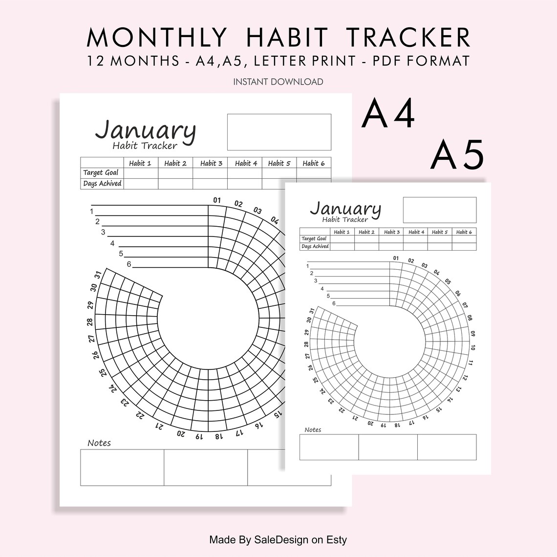 Circle Monthly Habit Tracker , 12 Month Pdf Printable File in 1 Zip