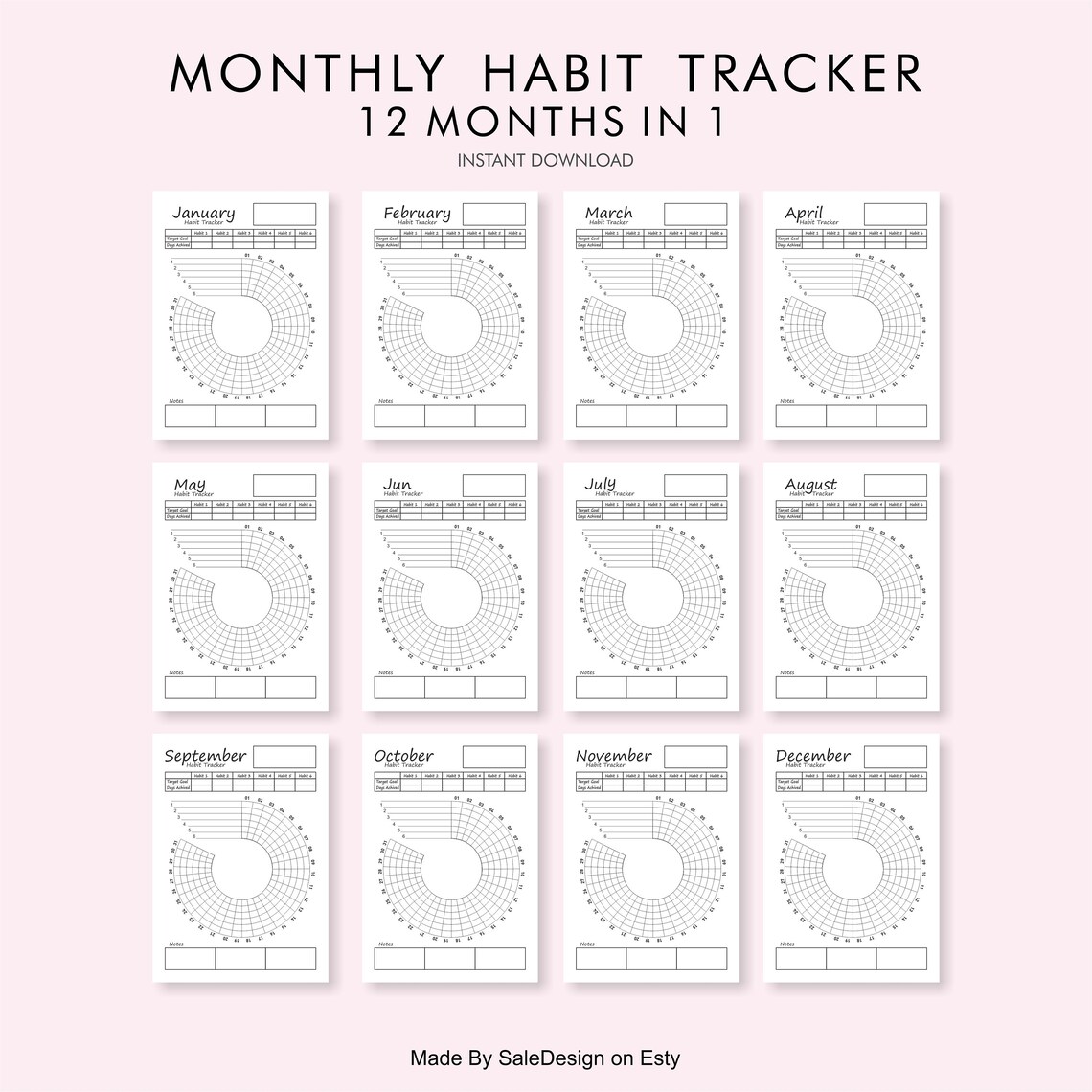 Circle Monthly Habit Tracker , 12 Month Pdf Printable File in 1 Zip