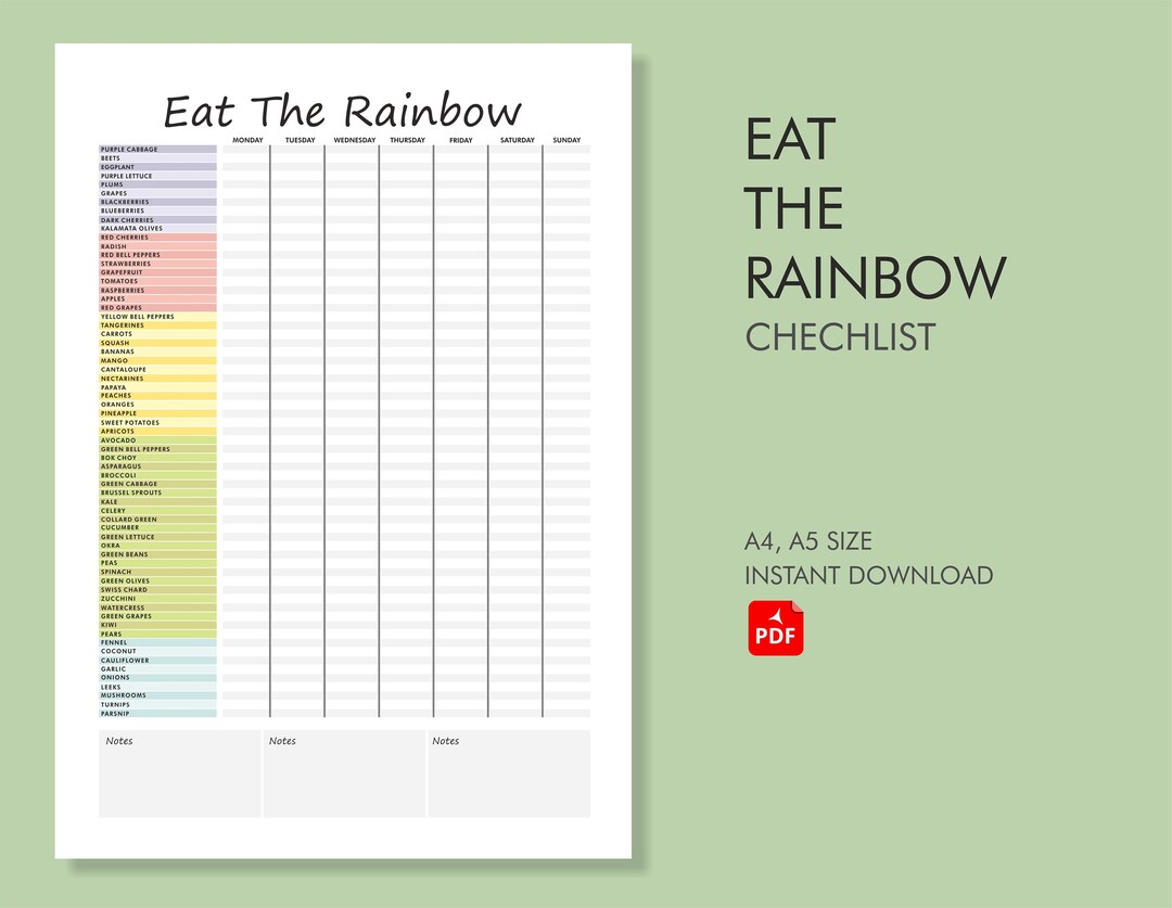 Eat the Rainbow Checklist Printable , A4, A5 Sizes, Healtly Food Chart, Fruit and Vegatable ...
