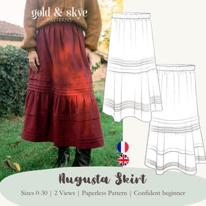 Könnte beinhalten: Ein digitales Schnittmuster für einen Stufenrock namens Augusta Skirt. Das Schnittmuster ist in den Größen 0-30 erhältlich und umfasst zwei Ansichten. Das Schnittmuster ist papierlos und wird als Projekt für fortgeschrittene Anfänger beschrieben.