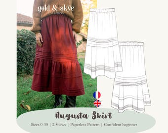 Augusta Skirt PDF Sewing Pattern, Sizes 0-30, paperless, romantic midi skirt, tiered skirt with tucks, beginner, video tutorial, fall skirt