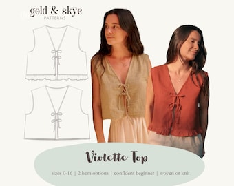 Violette Top PDF naaipatroon, maten 32-48, top met strik, voor beginners, gedetailleerde instructies