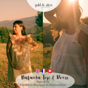 Puede incluir: Una mujer con un vestido beige claro con mangas con volantes, de pie en un campo. El texto "Rafaela Top & Dress" es visible, junto con "Tallas 0-26" y "Principiante seguro a intermedio". El fondo muestra un paisaje soleado.