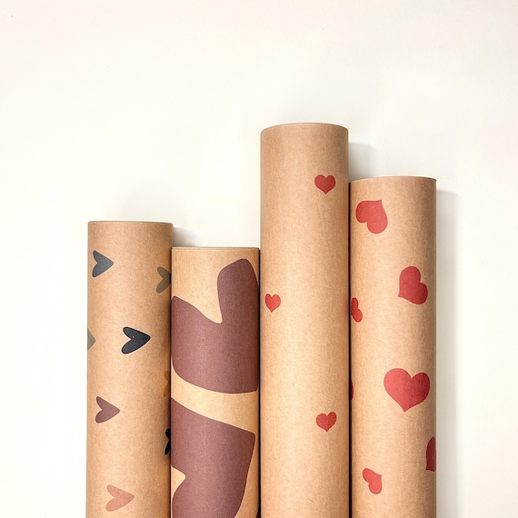 Geschenkpapier Rolle Herzen | Kraftpapier 200x30cm Romantisch | Jahrestag Geburtstag Weihnachten | 4 Designs Handgemacht Deutschland
