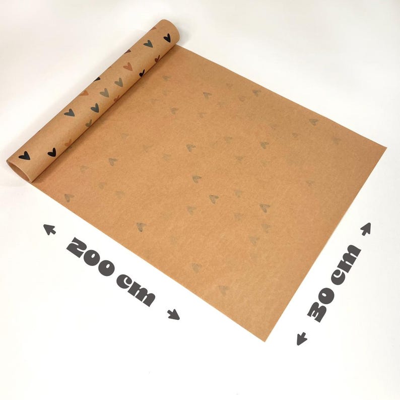 Kraftpapier-Geschenkpapierrolle mit bunten Herzen ausgerollt mit Maßangaben 200 cm x 30 cm – umweltfreundliches Geschenkpapier aus hochwertigem Kraftpapier, perfekte Größe zum Einpacken von Geschenken für Partner zu Valentinstag, Geburtstag und Jahrestag