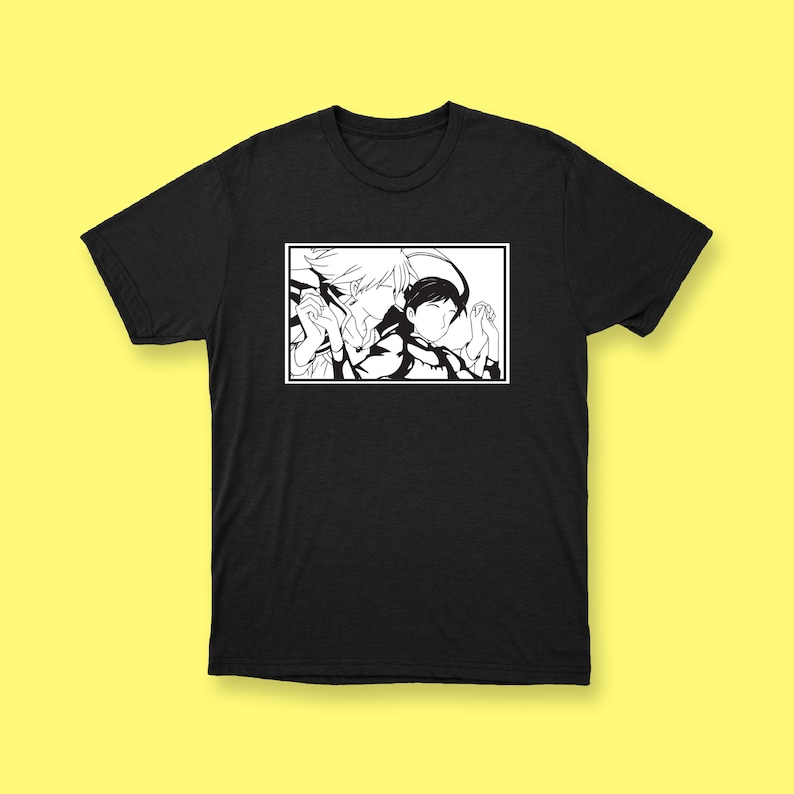 May include: Black and white illustration of two people embracing on a black t-shirt.