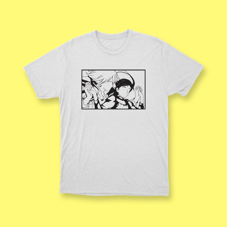 May include: A white t-shirt with a black and white illustration of two people embracing.