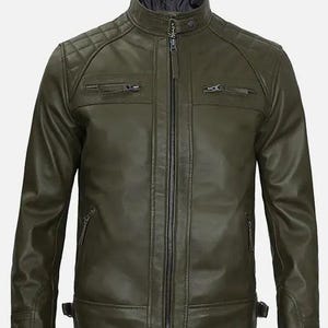 Handmade Olive Green Leather Biker Jacket: Men&#39;s Motorcycle Style