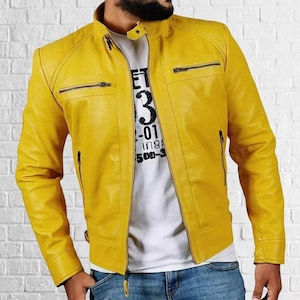 Handmade Yellow Stylish Biker Leather Trucker Jacket for Men Premium and Durable Quality * Trucker Biker Jacket, 100% Genuine Leather Jacket